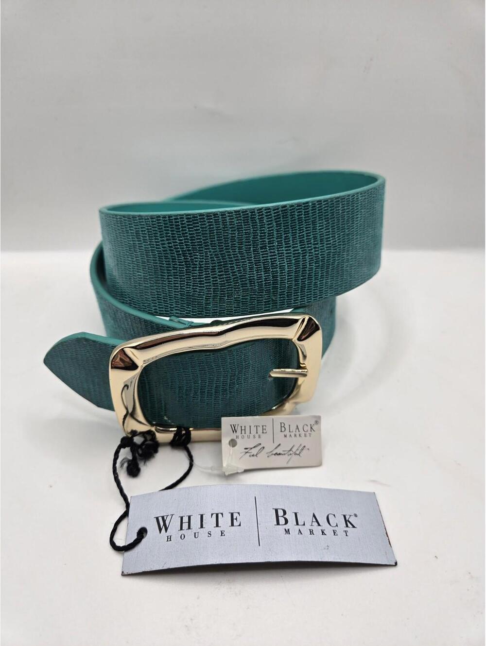NWT White House Black Market Teal Lizard Embossed Leather Belt Gold Buckle Sz XS